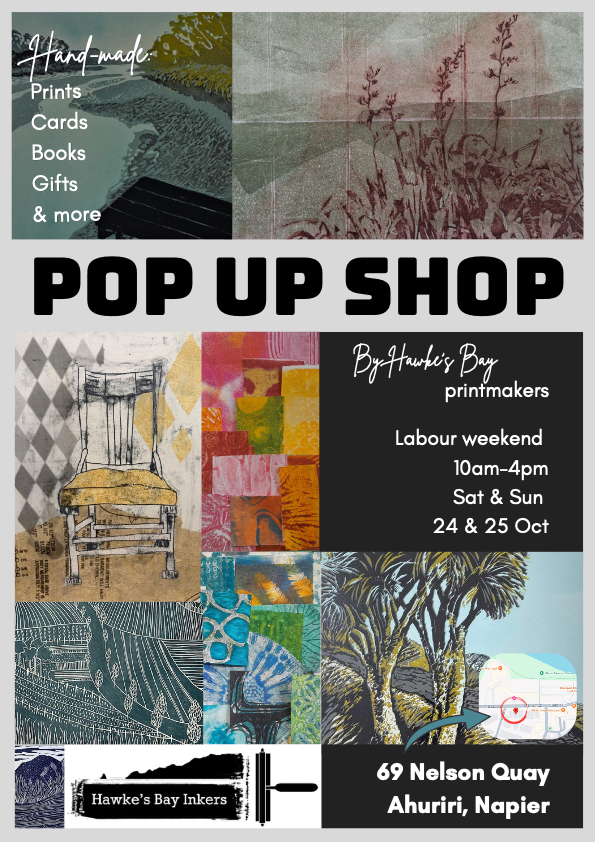 Poster collage advertising a pop-up shop: handmade prints, cards, books and gifts; Labour weekend event 10am–4pm, 24–25 Oct at 69 Nelson Quay, Ahuriri, Napier.